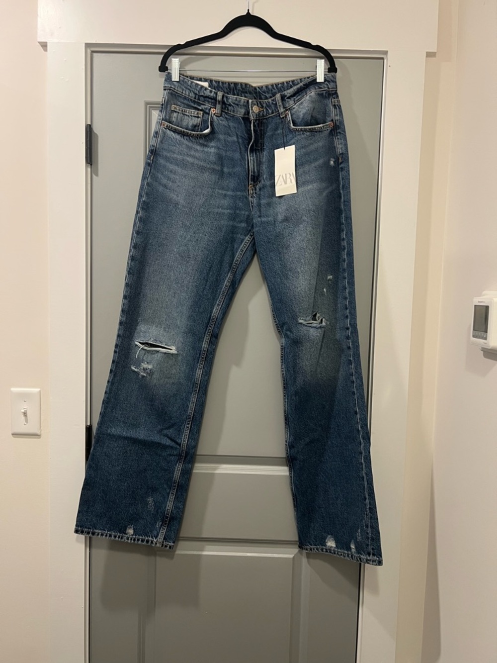 Zara High-Rise Wide Leg Distressed Blue Jeans